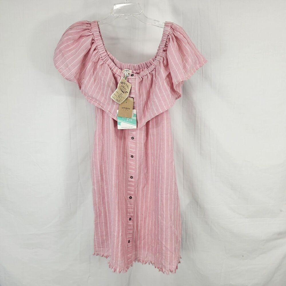 Umgee Off The Shoulder Pink Stripe Women's Size Medium Nwt Boutique Dress